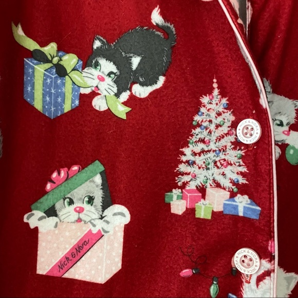 Nick & Nora Kittens Red Flannel Holiday Pajama Top Button Front - Picture 2 of 11
